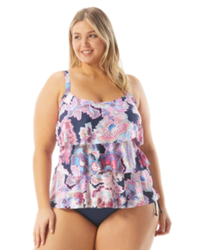 Front of a model wearing a size 16W Jane Ruffle Tankini Top in ADMIRAL by Beach House Woman. | dia_product_style_image_id:269157